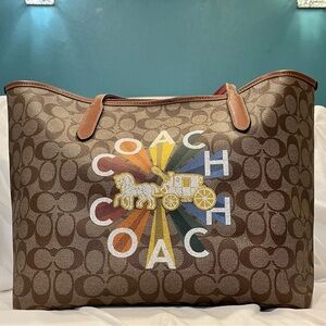 Coach Brown Signature Canvas Tote with Multicolor Coach Logo